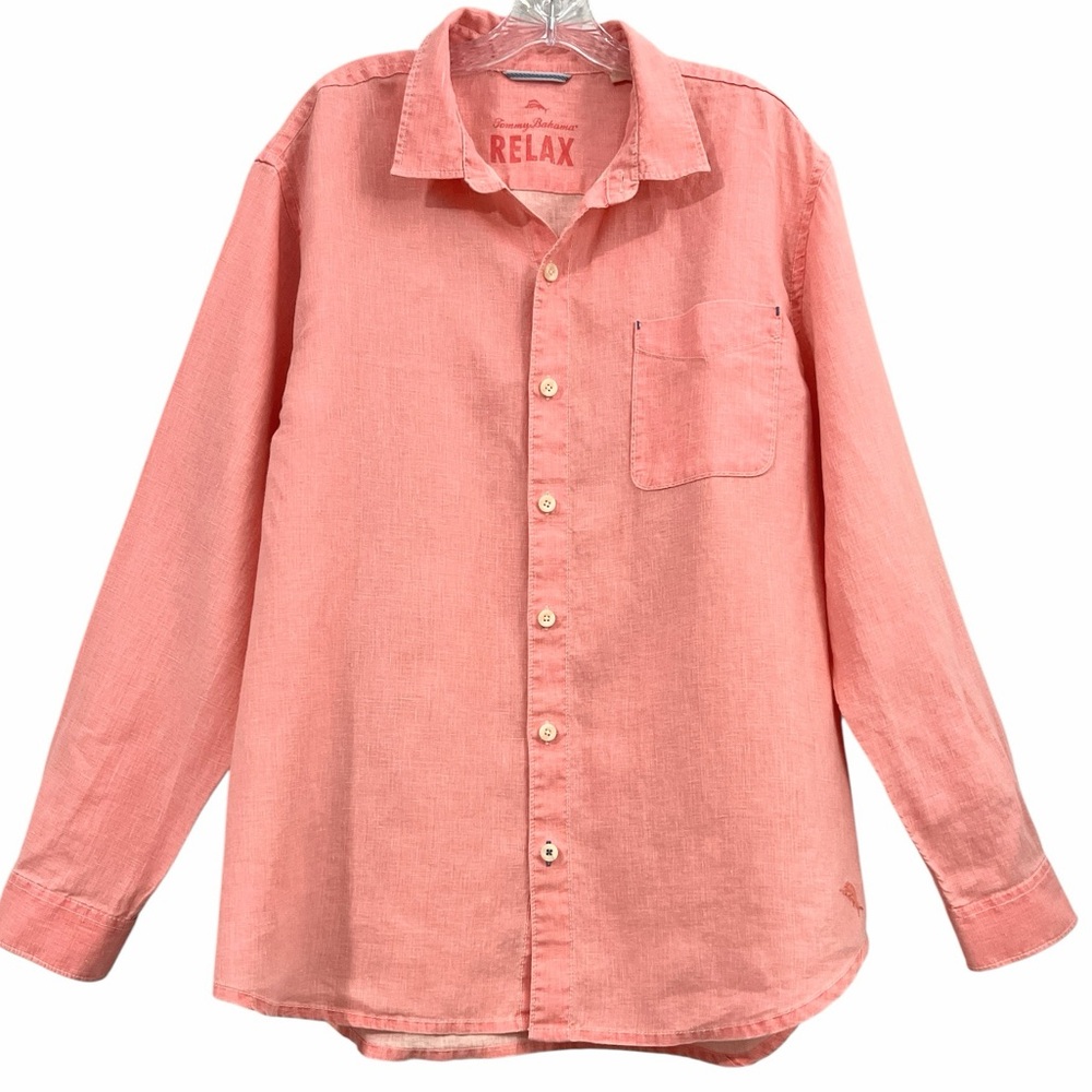 Tommy Bahama Men's Salmon Pink 100% Linen Button-Up Long Sleeve Shirt | XL/TG